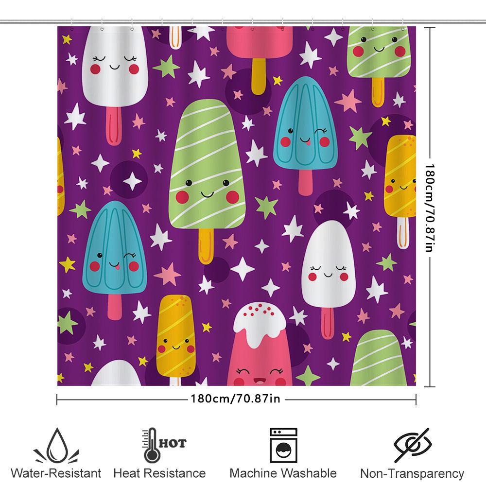 Cute Cartoon Popsicle Print Shower Curtain For Bathroom Decor 3D Printed Waterproof Fabric Bath Mat In Purple