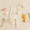 Jesienny strój dla noworodka dziewczynki, gładki prążkowany kombinezon zapinany na zamek z długim rękawem i falbanką, zestaw 2-częściowy z opaską z kokardą