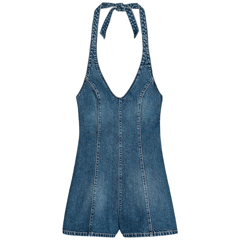 Zaprha 2025 New Arrival Hanging Collar Denim Open Back Jumpsuit Women's Waist-Tight Slimming and Wide Leg Shorts 4356084
