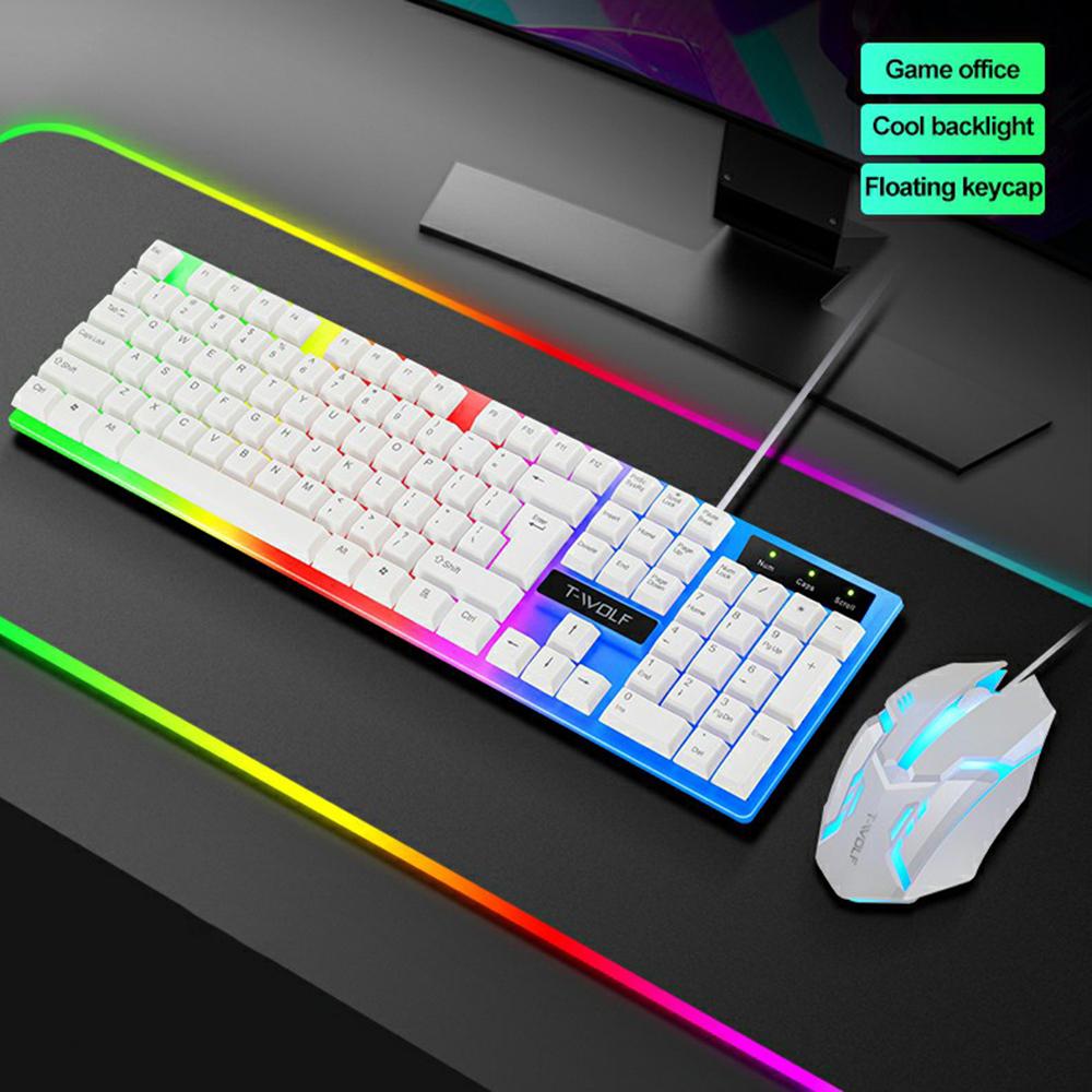 T-WOLF TF230 USB Wired Mechanical Keyboard and Mouse Set with Colorful Backlight for PC Computer Laptop, White