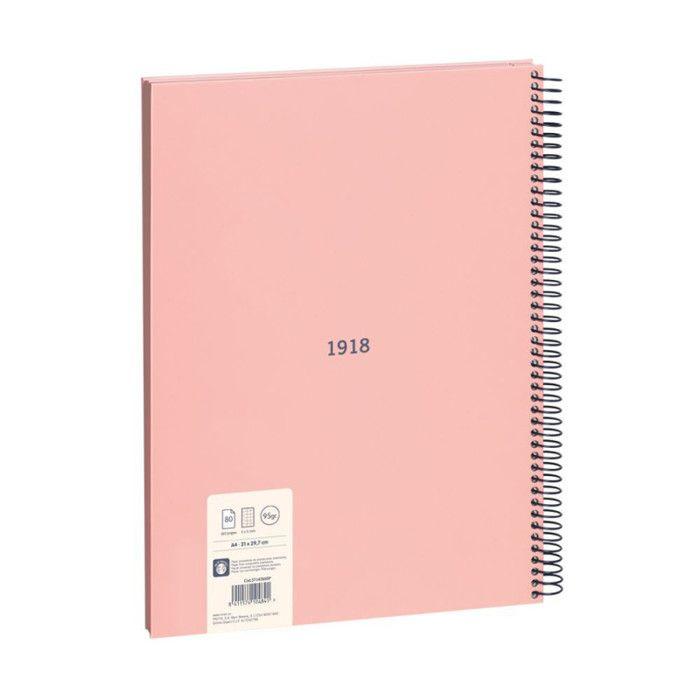 Cahier - A4 - Spirales - Petits carreaux - 80 feuilles - Couverture rigide - Rose