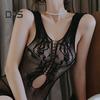 Sexy V Neck Backless Mesh Nightgown Women Black Transparent Open Crotch Bodysuit See Through Mini Nightdress