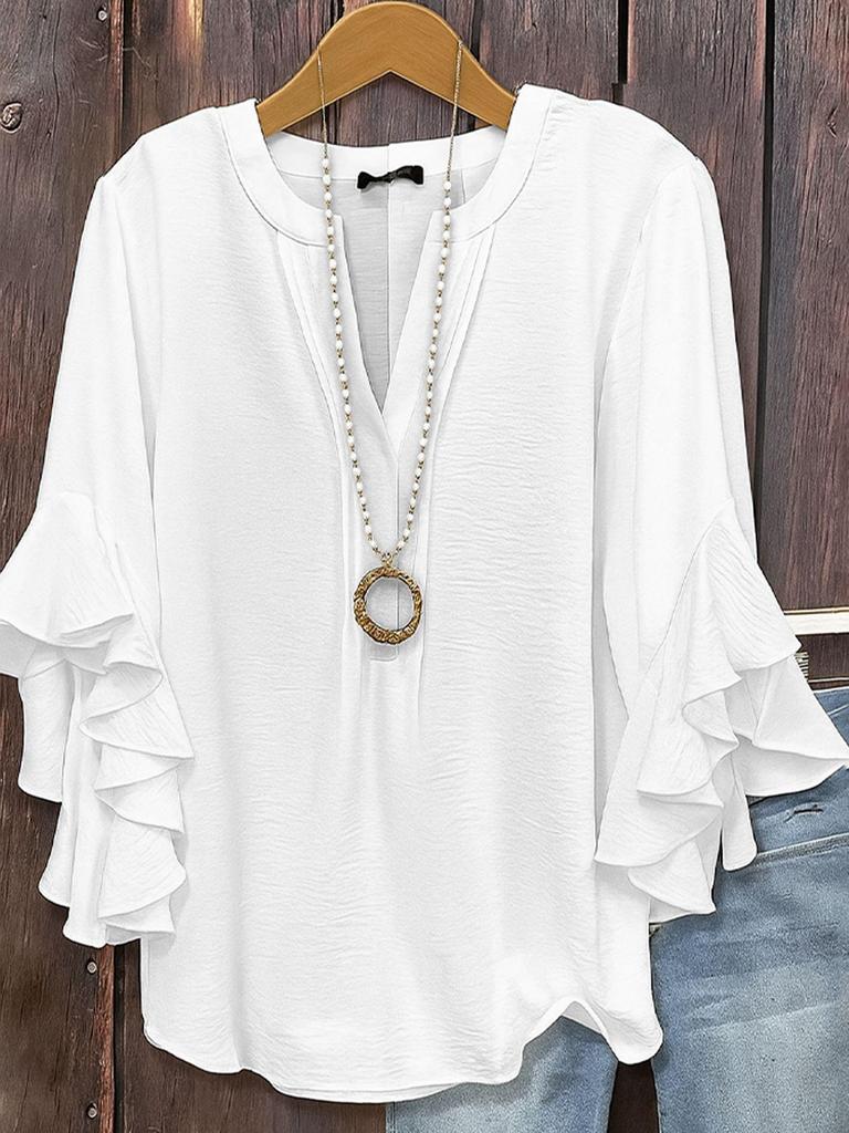 Women's V-Neck Bell Sleeve Top with Bow Detail In Multiple Colors