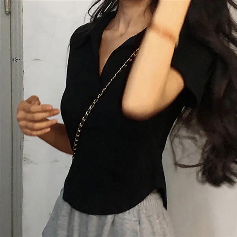 Women's Summer Korean Style Slim Lapel Tee - Solid Color, Short Sleeve, Casual Trend