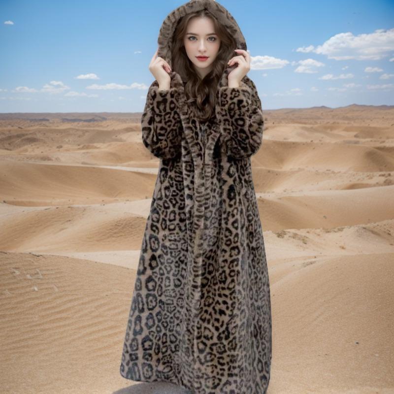 Autumn and winter new hooded environmentally friendly fluffy imitation mink fur leopard print plus long knee loose fashion coat