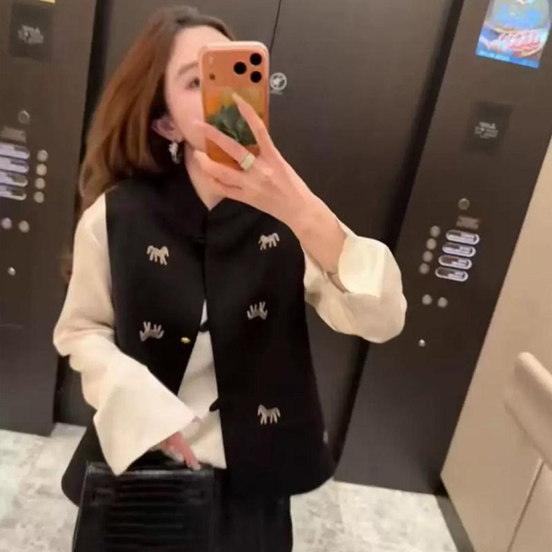 Chinese Style Embroidered Horse Wool Vest - Versatile Spring/Autumn Women s Jacket 2XL (145-160 lbs)