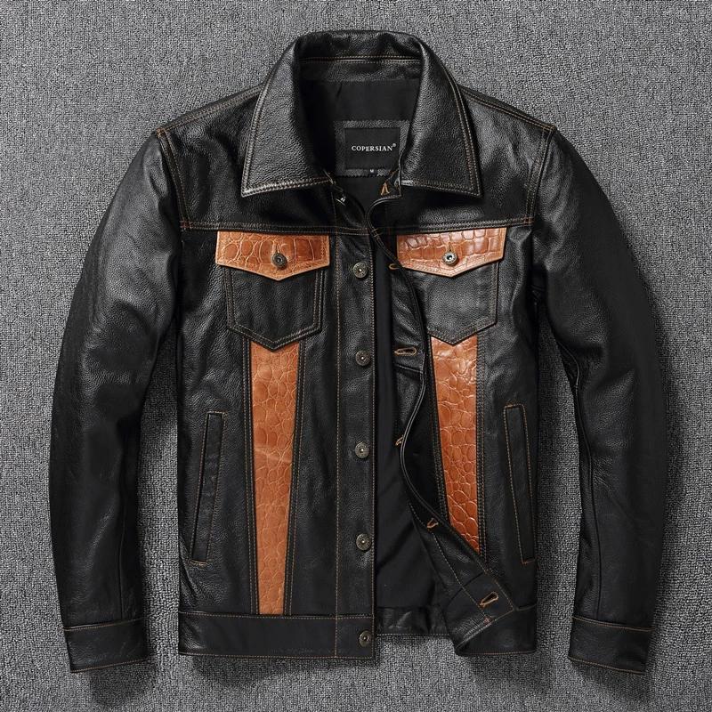 Chinese Size Classic 507 Men Leather Jacket Genuine Cowhide Vintage Slim Short Spring Autumn