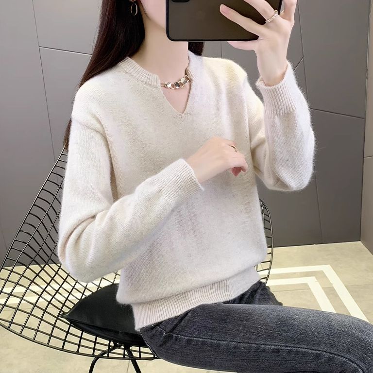 

Модный повседневный женский вязаный свитер, однотонный пуловер, свободная и универсальная базовая рубашка, топ на осень 3XL бежевый