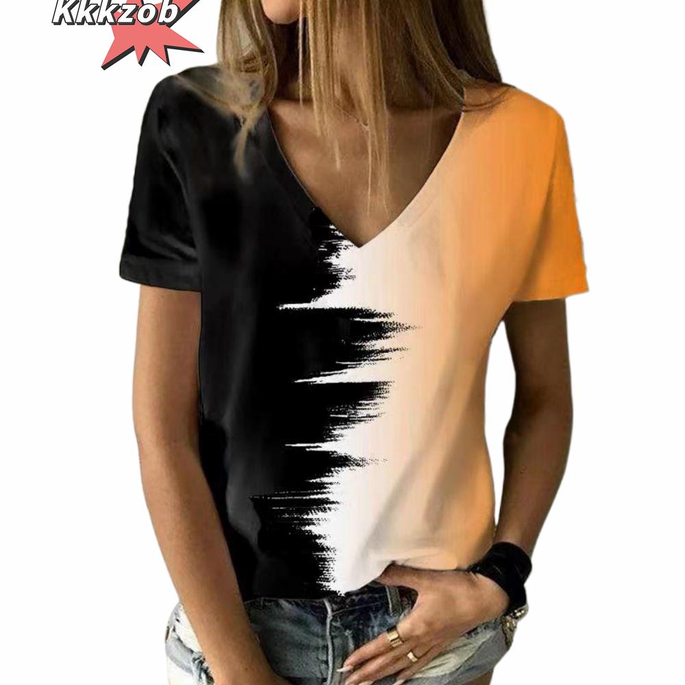 Women's T-Shirt Solid Color Gradient 3D Printing V-Neck Women's Tops Summer Women's Casual Fashion Loose Hundred Short-Sleeved