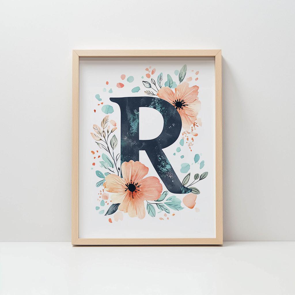 Poster Letter "R" In Floral Wreath Poster Letter "R" In Floral Wreath, 30X40 Cm, Frameless, Matte Paper 230 Gsm