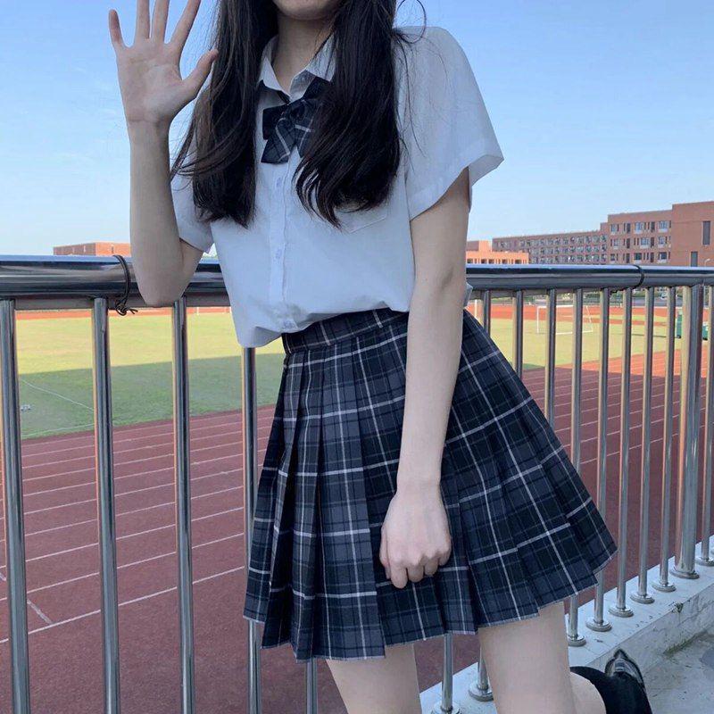 Lemon Sea Salt Plaid School Uniform: Short Sleeve Top & Midi Skirt Set
