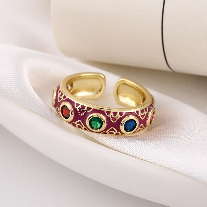 Enamel Devil's Eye Open Ring, Copper Inlaid Diamond Versatile Arabic Copper Ring for Men and Women