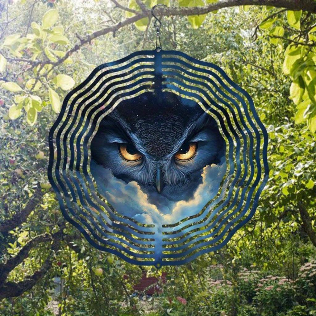 Metal Owl Wind Spinner 2D Rotating Garden Decor Outdoor Wind Chime for Patio Yard Balcony Decoration
