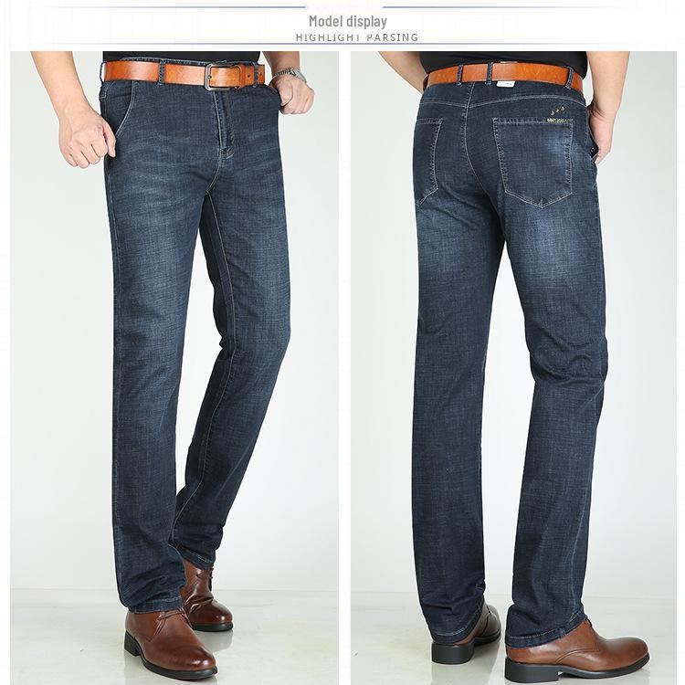 Men's High-Quality Cotton Elastic Waist Straight-Leg Jeans for Summer - Business Casual Solid Color Pants
