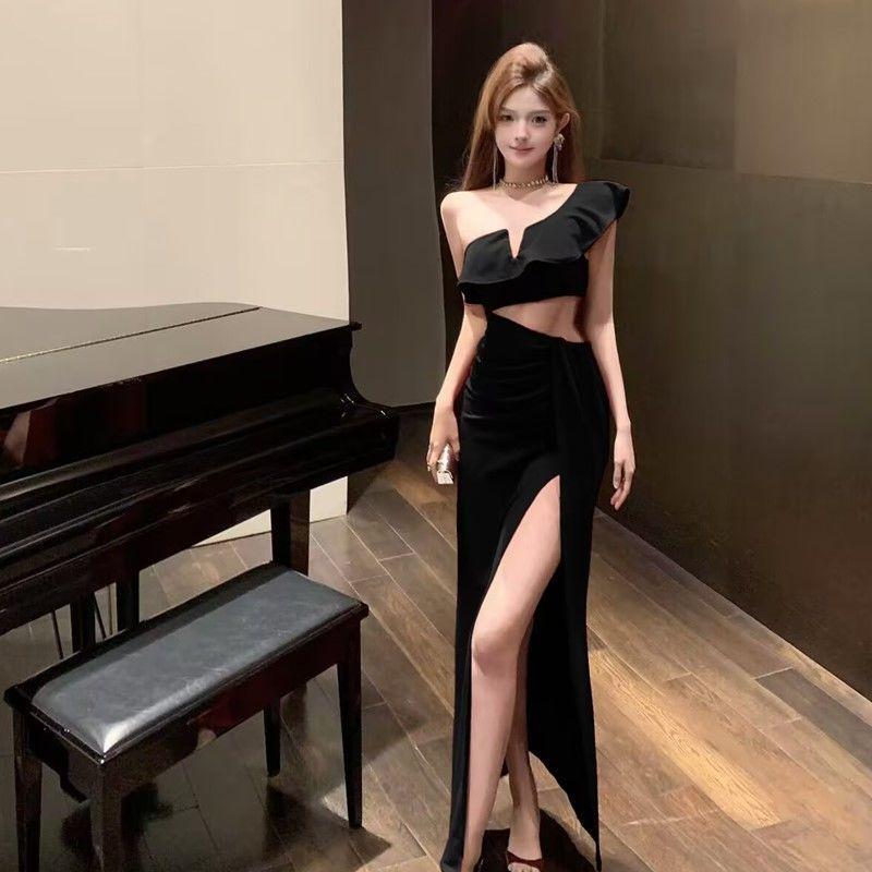 Nuovo Elegante e Sexy Abito da Sera Lungo Asimmetrico a Vita Alta Monospalla con Spacco per Socialite, Adatto per Cene Formali e Abiti da Cocktail
