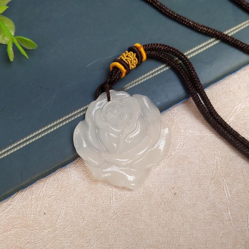 Afghan White Jade Rose Pendant - Xinjiang Flower Blooming Wealth Women's Jade Ornament