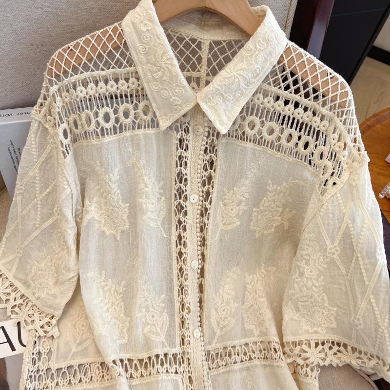 DIMANAF 2025 New Summer Buttons Shirt Women Lace Blouse Embroidery Short Sleeve Fashion Tops Tees Casual Loose Tees