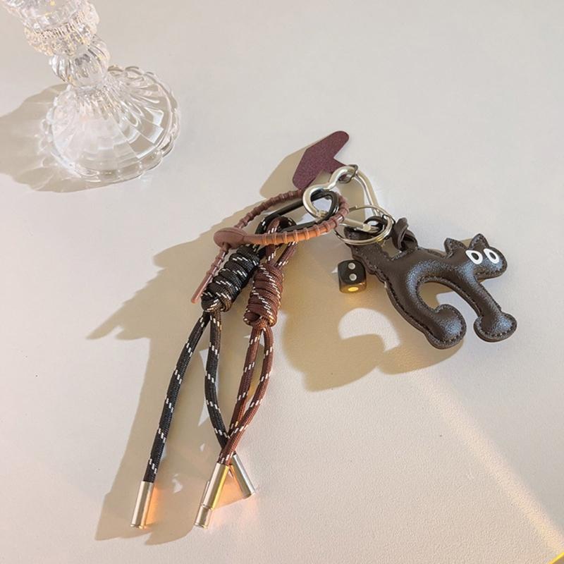 Elegant PU Leather Cat Pendant Keychain Braided Rope Phone Charm for Fashion Accessories Backpack Hanging Ornament
