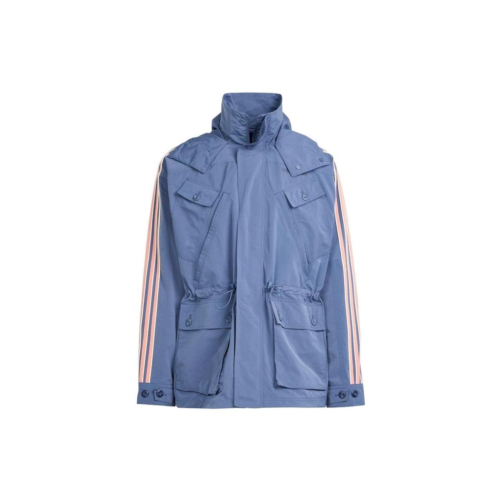 Adidas Originals Jachetă de vânt cu glugă cu mâneci lungi cu fermoar pentru bărbați, îmbrăcăminte exterioară albastră IR9397