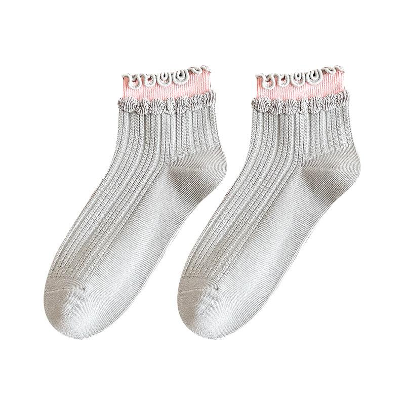 Spring and Summer Girls' Multi-color Double Earflap Lace Women's Short Socks Simple and Versatile Double Needle Cake Socks
