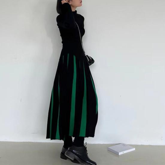 Women Midi Skirt High Waist Patchwork Color Pleated Skirt Autumn
