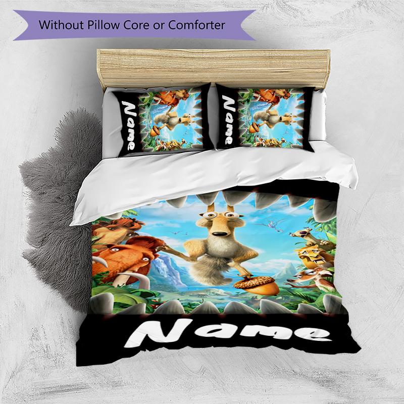 Juego de Ropa de Cama con Nombre Personalizado de Dibujos Animados Ice Age: El Origen de los Dinosaurios, Cierre de Funda Nórdica, Incluye 1 Funda Nórdica y 2 Fundas de Almohada para Todas las Estaciones, Dormitorio