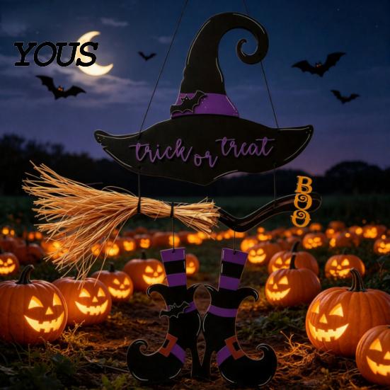 Witch Hat Wall Decor Halloween Boot Sign, Hanging Trick or Treat Decoration Entrance for Home Room, Wooden Front Door Hanger Holiday