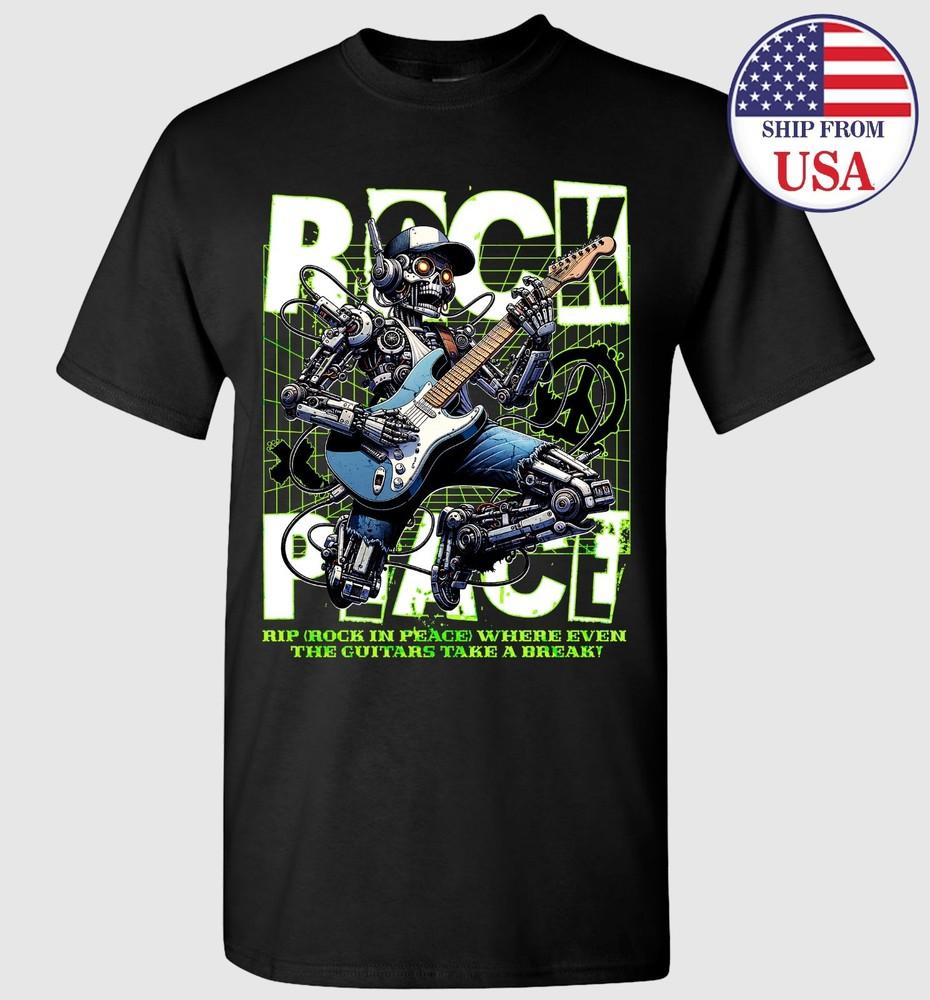 Robot skeleton playing guitar RIP Rock in Peace T-shirt