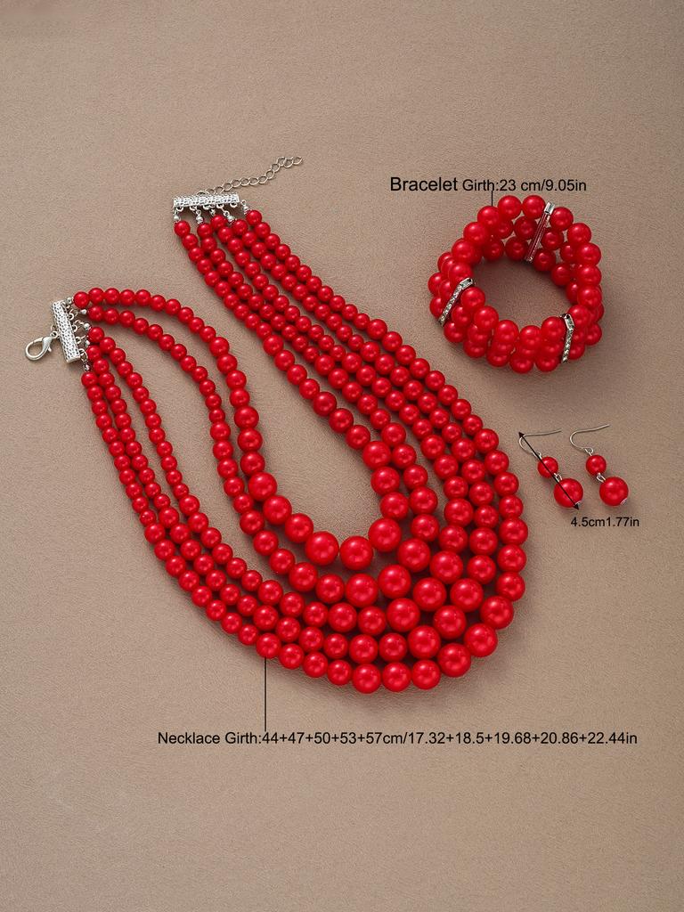 Punk Pearl Jewelry Set for Women Multi Layered Imitation Pearl Choker Necklace Bracelet Drop Earring Set Boho Handmade Jewelry