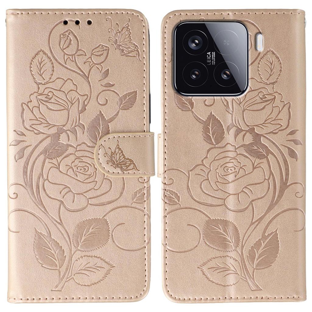 For Xiaomi 15 Case Wallet Stand Imprinted Rose Butterfly PU Leather Phone Cover