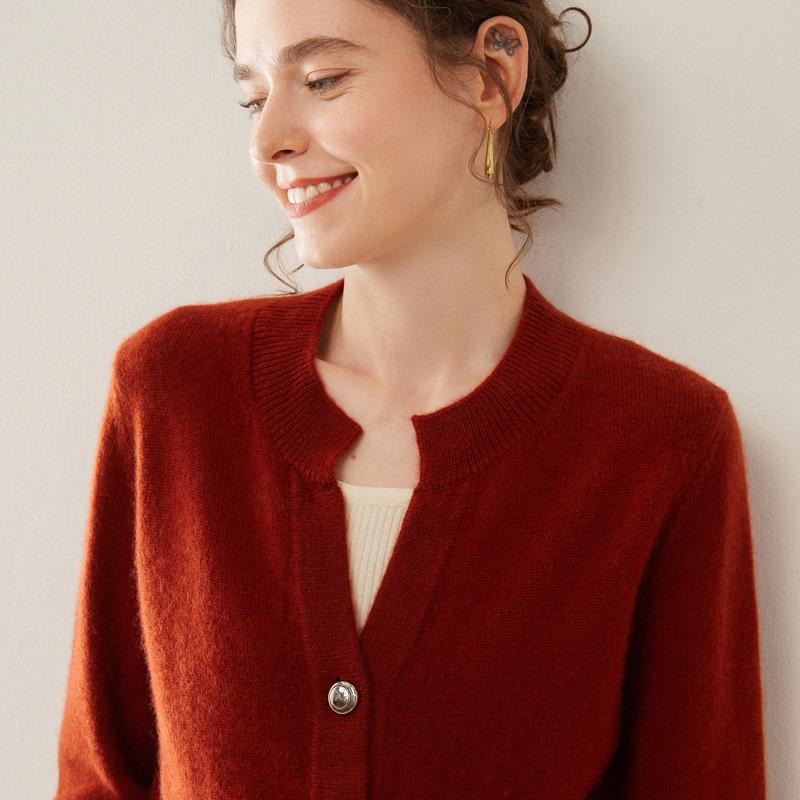 Women's Cashmere Knit Cardigan - Autumn/Winter, Single-Breasted, Round Neck, Loose Fit, Slimming, Solid Color.
