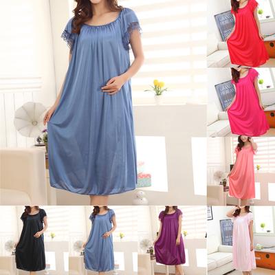 Women Summer Home Lace Ice Silk Short Sleeve Loose Plus Oversize Nightgown Dress