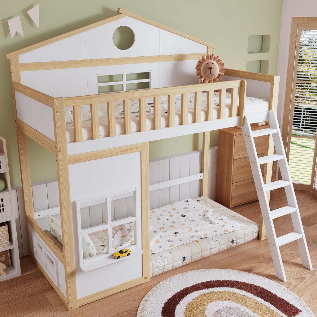 [N622D161516W] Etagenbett, mit Treppe, mit Absturzsicherung und Rausfallschutz, Kinderbett mit Dach und Fenster, Kiefer+MDF, Weiß+Natur, 90x200cm