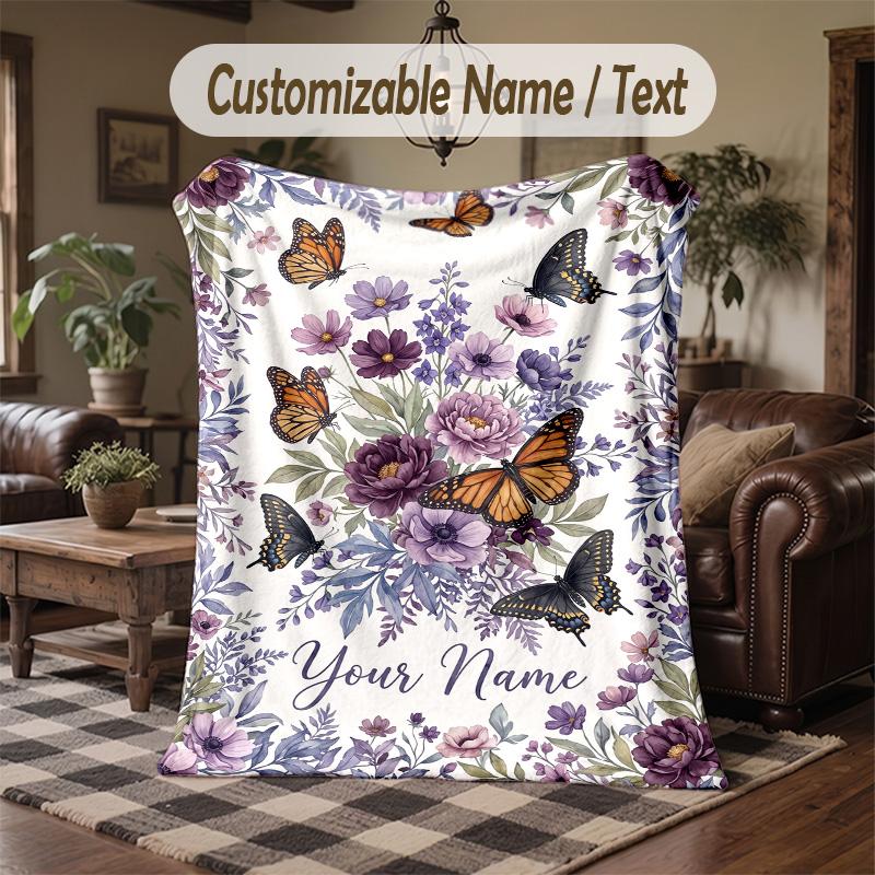 Butterflies Floral Elegance 4 Theme Throw Blanket Custom Name Text Personalized Blanket Soft Cozy Blanket for Home Sofa Bed