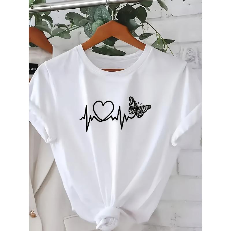 Women's Heart Butterfly Print Tee Round Neck Short Sleeve Spring Summer Autumn European American Casual Elegant Comfort Top