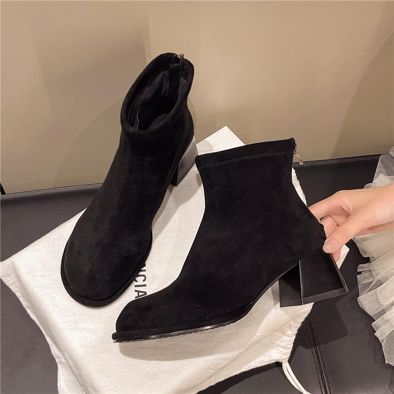 8598-2 Suede Skinny Boots Women's Elastic Boots Autumn and Winter New Square Head Thick Middle Heel Boots Back Zipper Elastic Boots