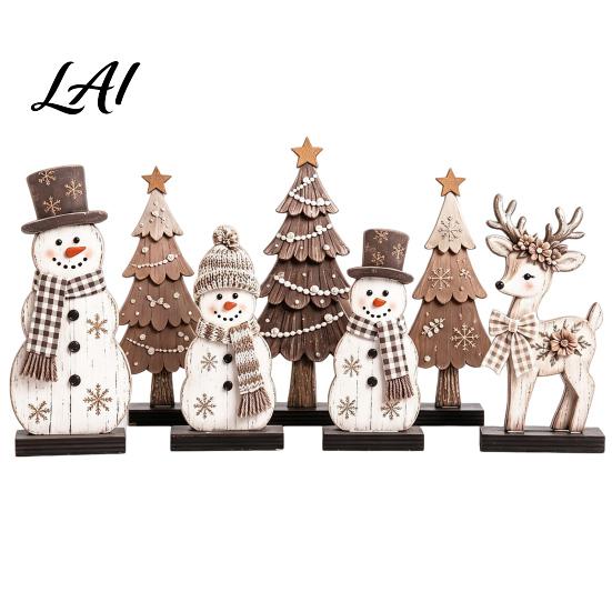 Lightweight Holiday Party Supplies 7Pcs Christmas Snowman Tree Reindeer Figurines 2D Wooden Tiered Tray Indoor Festive Atmosphere Props Decor Rustic