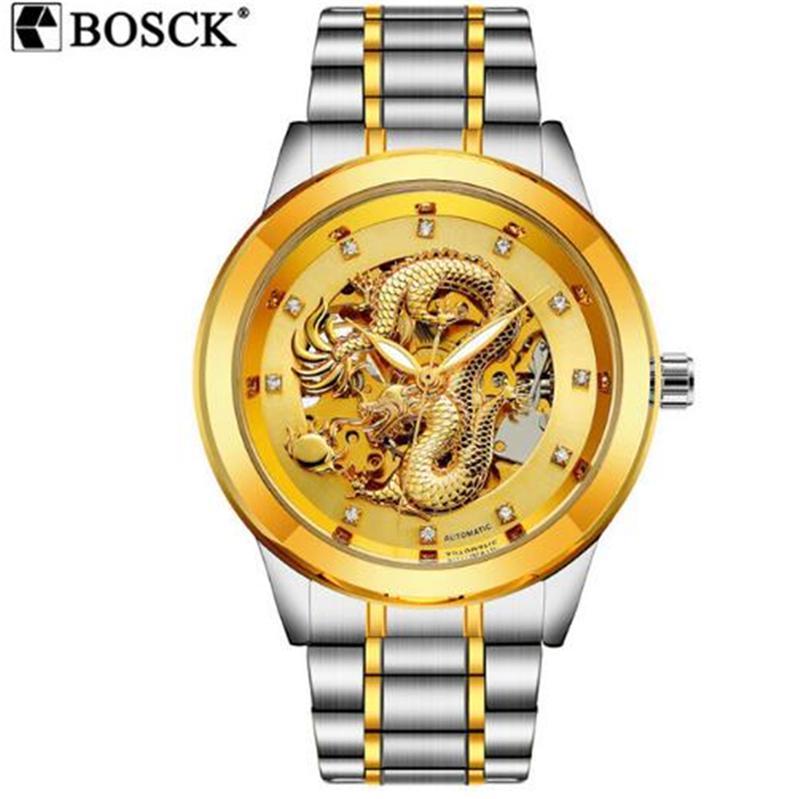 BOSCK automatisk mekanisk klokke i rustfritt stål, vanntett herreklokke