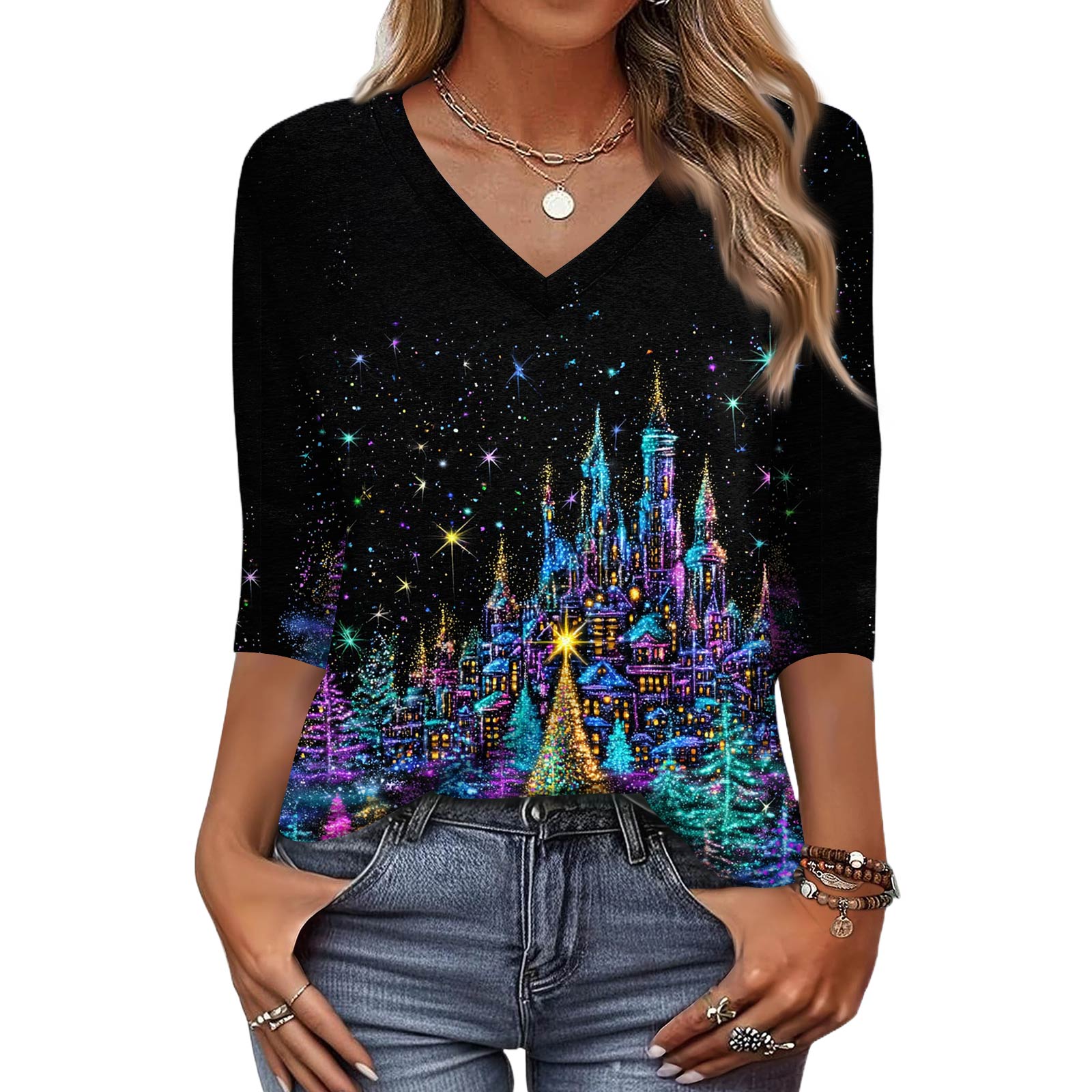 

Trendy Vintage 3/4 Sleeve Top For Women,Ladies Casual Three Quarter Sleeve V-neck Printed T-Shirt Blouse L чорний