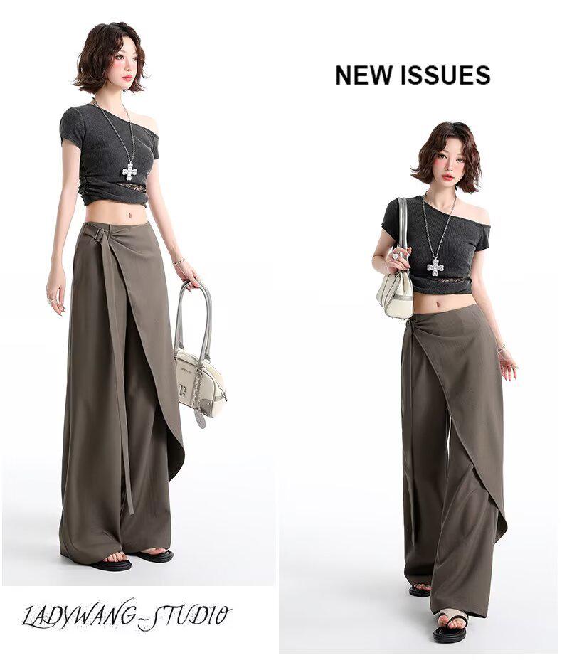 Women's Brown-Gray Wide-Leg Pants with Flowing Ribbons, 2026 New Style, Slimming, Good Drape, Casual Straight-Leg Suit Pants.