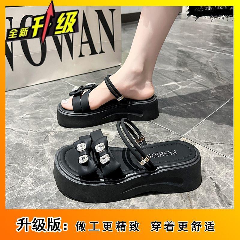 Height-increasing fairy style one-word slippers 2025 new muffin thick bottom with skirt bow sandals summer wear