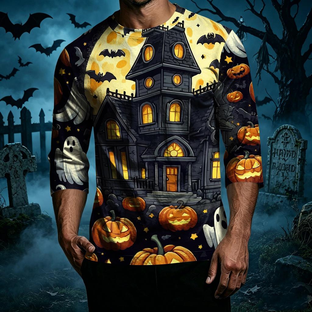 Men Casual Halloween Print Raglan Sleeve T Shirt Crew Neck Three Quarter Sleeve Top for Everyday Wear