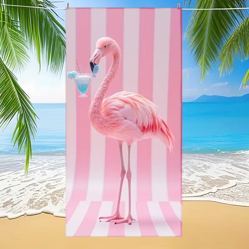 Cocktail Flamingo Pink Striped Beach Towel Lovely Tropical Sandproof Towel Girly Style Pool Towel Summer Holiday