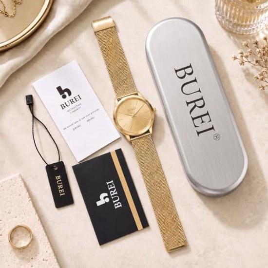BUREI mens wristwatch gold Japanese quartz waterproof date silver stainless steel band simple stylish watch
