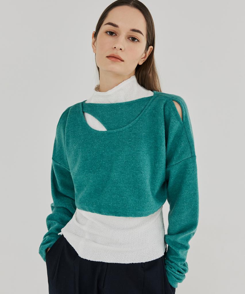 THEFRHT Cutout Two-Way Wool Crop Top (Teal)