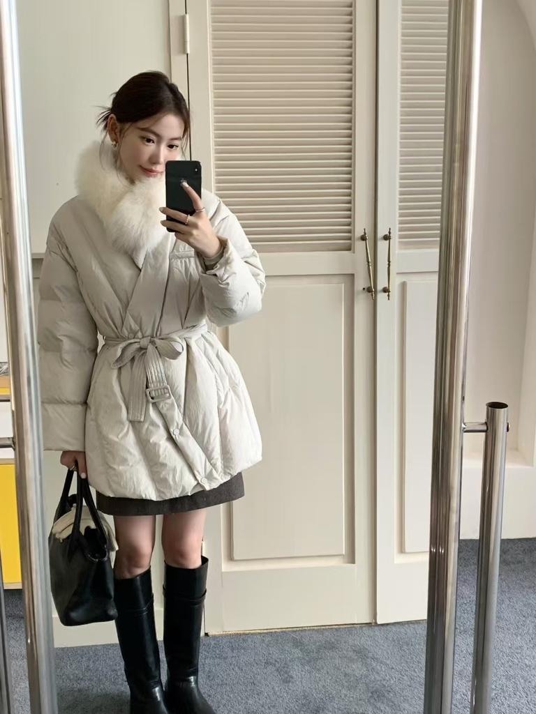 Scarf, fur collar, down jacket, women's high-end feeling, waist lace-up temperament, beautiful white duck down warm jacket