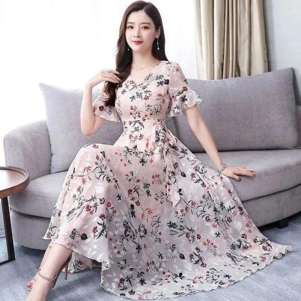 Large Size Ice Silk Floral Medium and Long Dress Women's Summer New Horn Sleeve Super Fairy Dress Slim Long Waist Skirt Tide