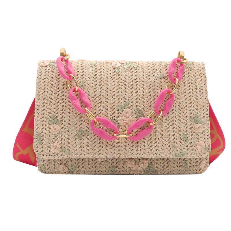 Fashion Straw Woven Bag for Women Lace Flower Crossbody Bag Versatile Small Square Chain Shoulder Handbag