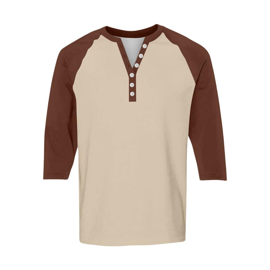 Men's Button-Down Contrast Raglan 3/4 Sleeve Top