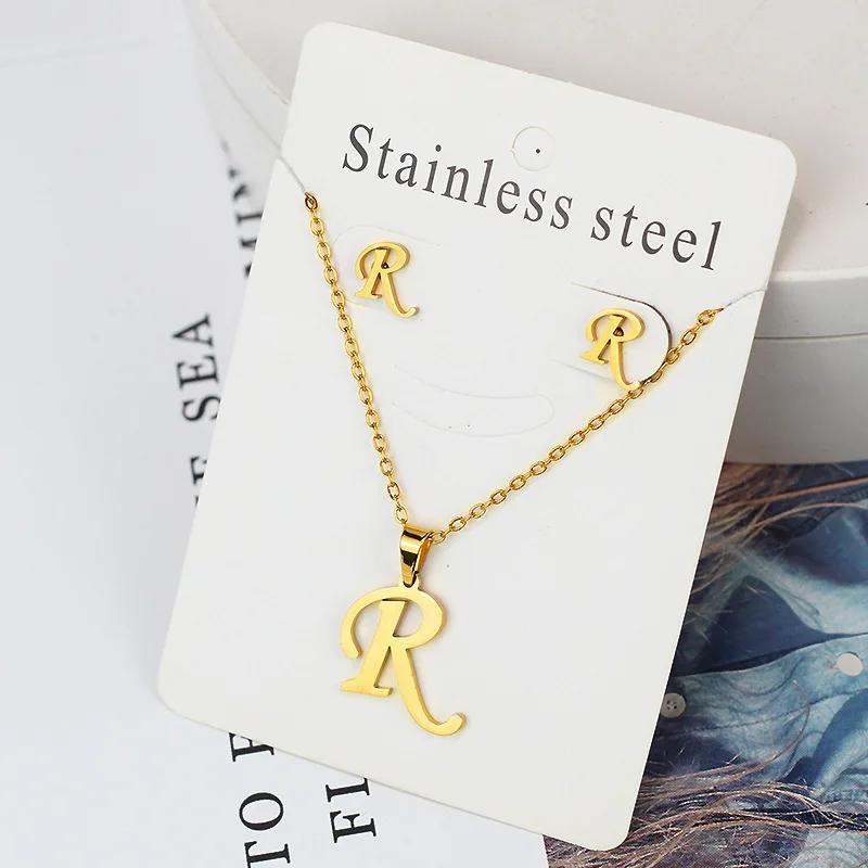 Stainless Steel Letter Necklace Bracelet Earring Zircon Set for Women Alphabet Pendant Necklace Party Gift